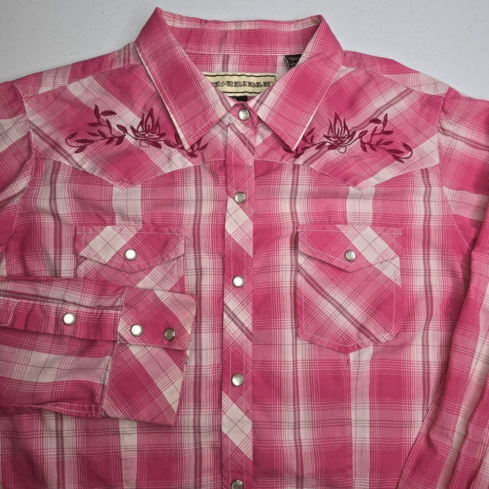 BIT AND BRIDLE Women's Pink Plaid Western Long Sleeve Shirt Size Large -2225